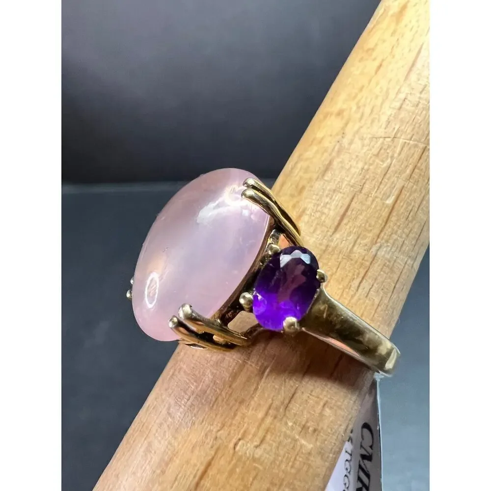 Rose Quartz & Amethyst Gold Plated 925 Ring Size 7 NWT